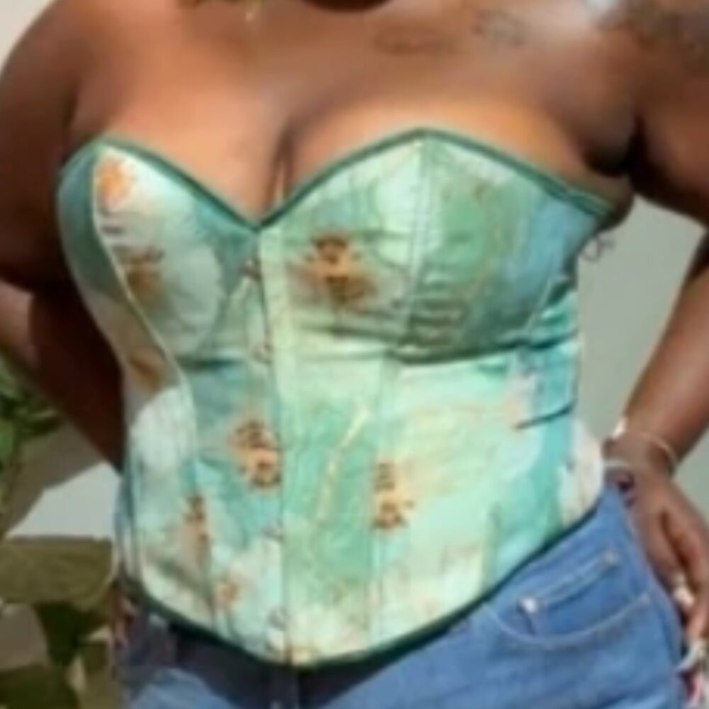 NWT SHEIN Y2K Bee Jacquard Boned Corset Top Plus Size 2XL Green Floral - Picture 5 of 11